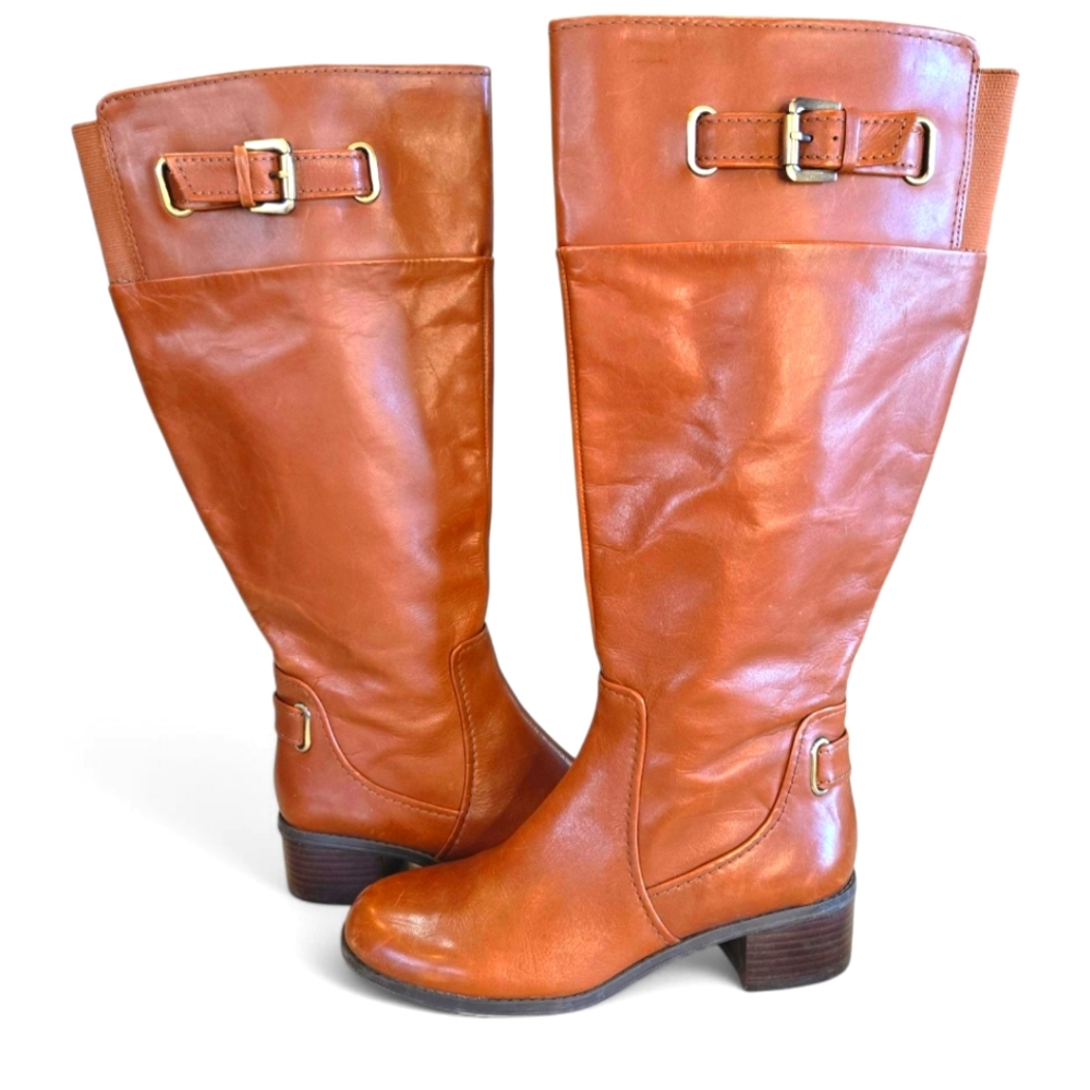 Bandolino Size 6.5M Caresse Leath Knee-High Zip Up Block Heeled Boots/ Chestnut